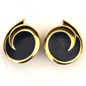 Monet Vintage 80s Black Enamel Gold Tone Clip On Statement Earrings